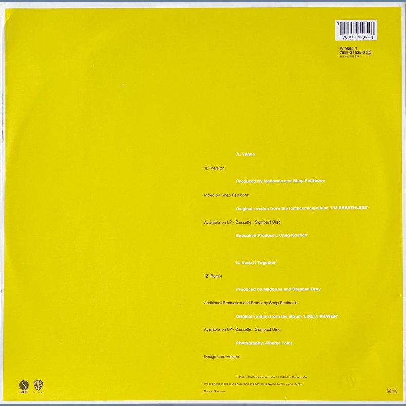 Vogue - 1990 - Germany - Sire/Warner Bros. label - 2 tracks 12 vinyl.