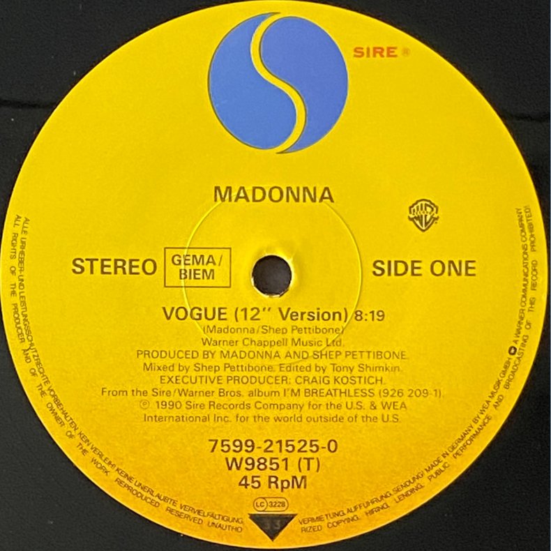 Vogue - 1990 - Germany - Sire/Warner Bros. label - 2 tracks 12 vinyl.