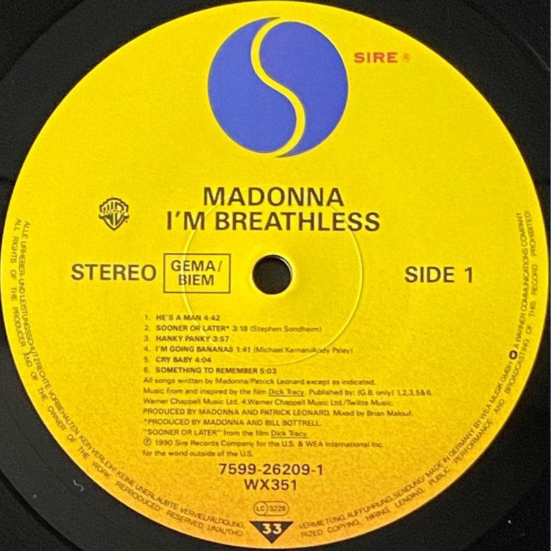 I'm Breathless - 1990 - Germany - Sire/Warner Bros. label - 12 tracks LP.