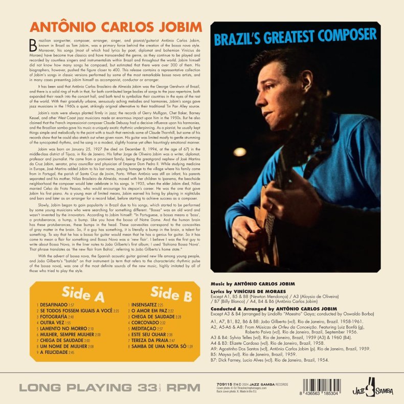 Brazil's Greatest Composer - 2024 European Jazz Samba Records Label 17-track LP Reissue