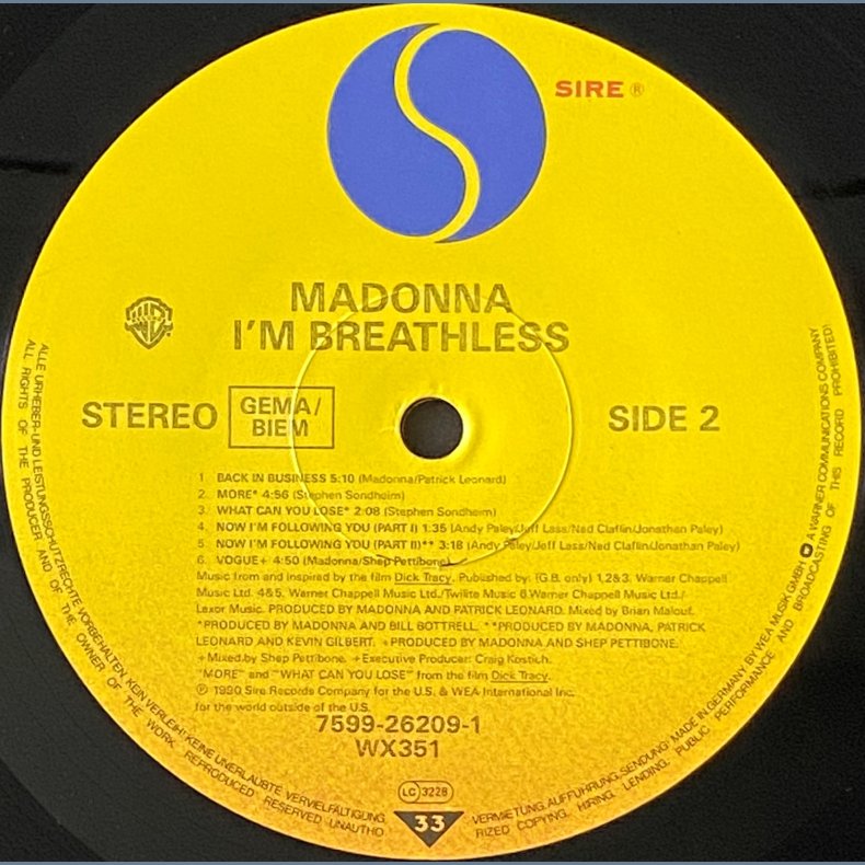 I'm Breathless - 1990 - Germany - Sire/Warner Bros. label - 12 tracks LP.